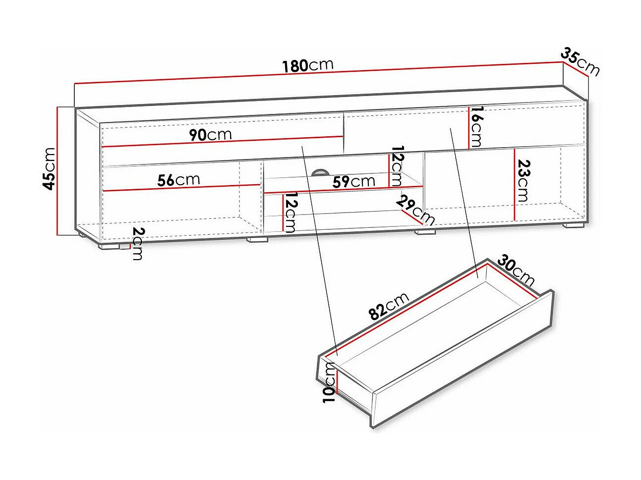 Mobile porta TV Sarasota 134, Bianco|Bianco lucido, Il numero di porte: 2.00, 180x45x35cm