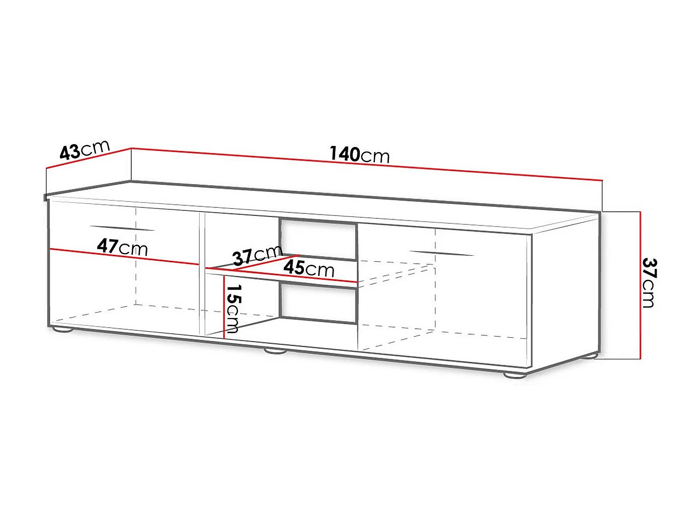 Meuble TV Tornola 100, Chêne de Lefkas|Noir, Le nombre de portes: 2, 140x37x43cm