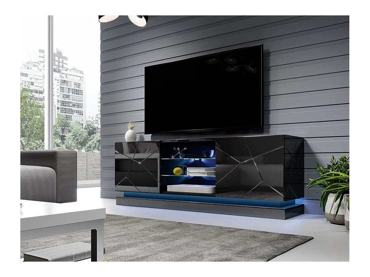 Meuble TV Charlotte 127, Noir brillant|Noir, Le nombre de portes: 2, 160x57x40cm