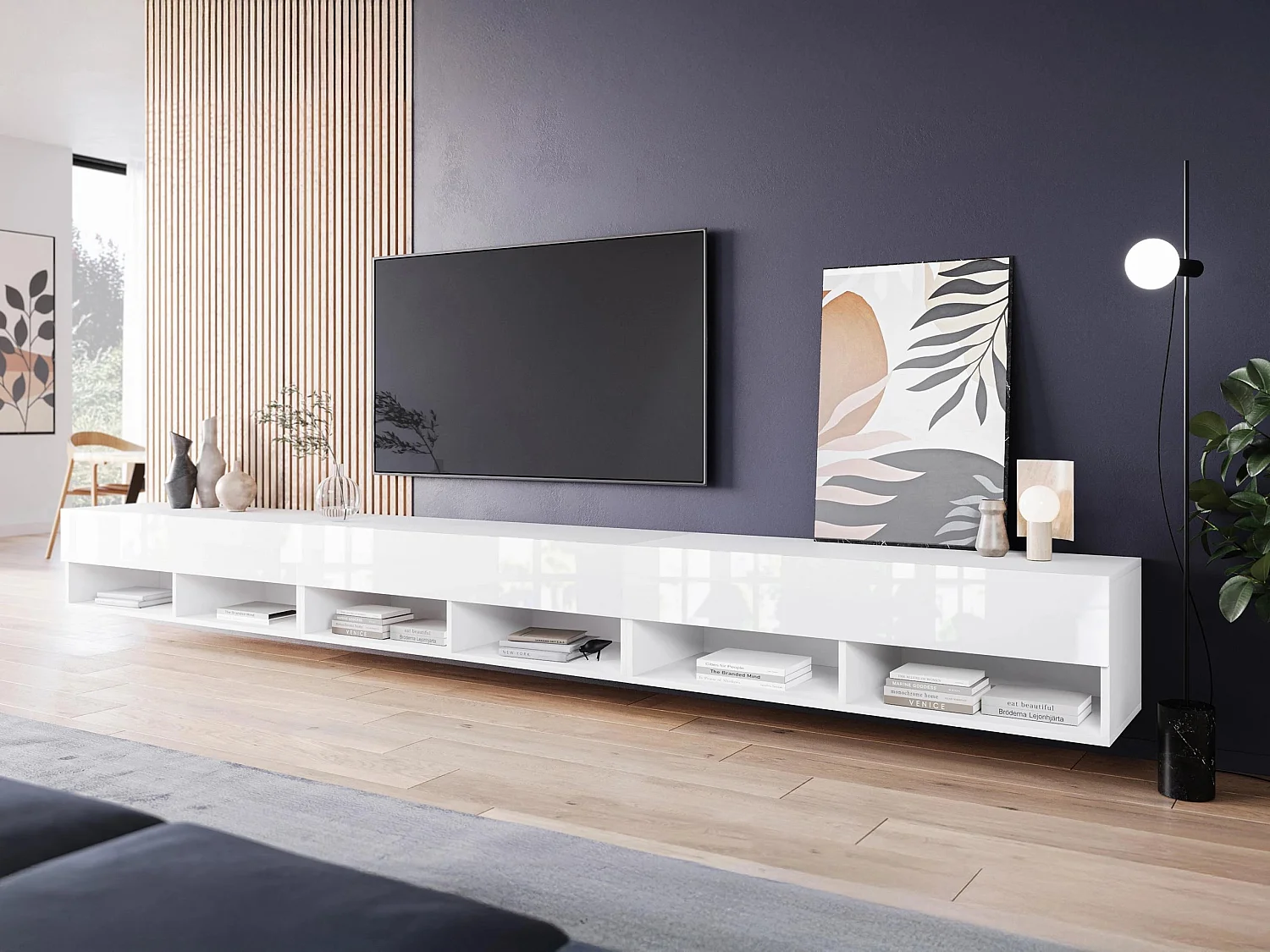 Mueble TV Sarasota 144, Blanco brillante|Blanco, Número de puertas: 3.00, 300x30x33cm