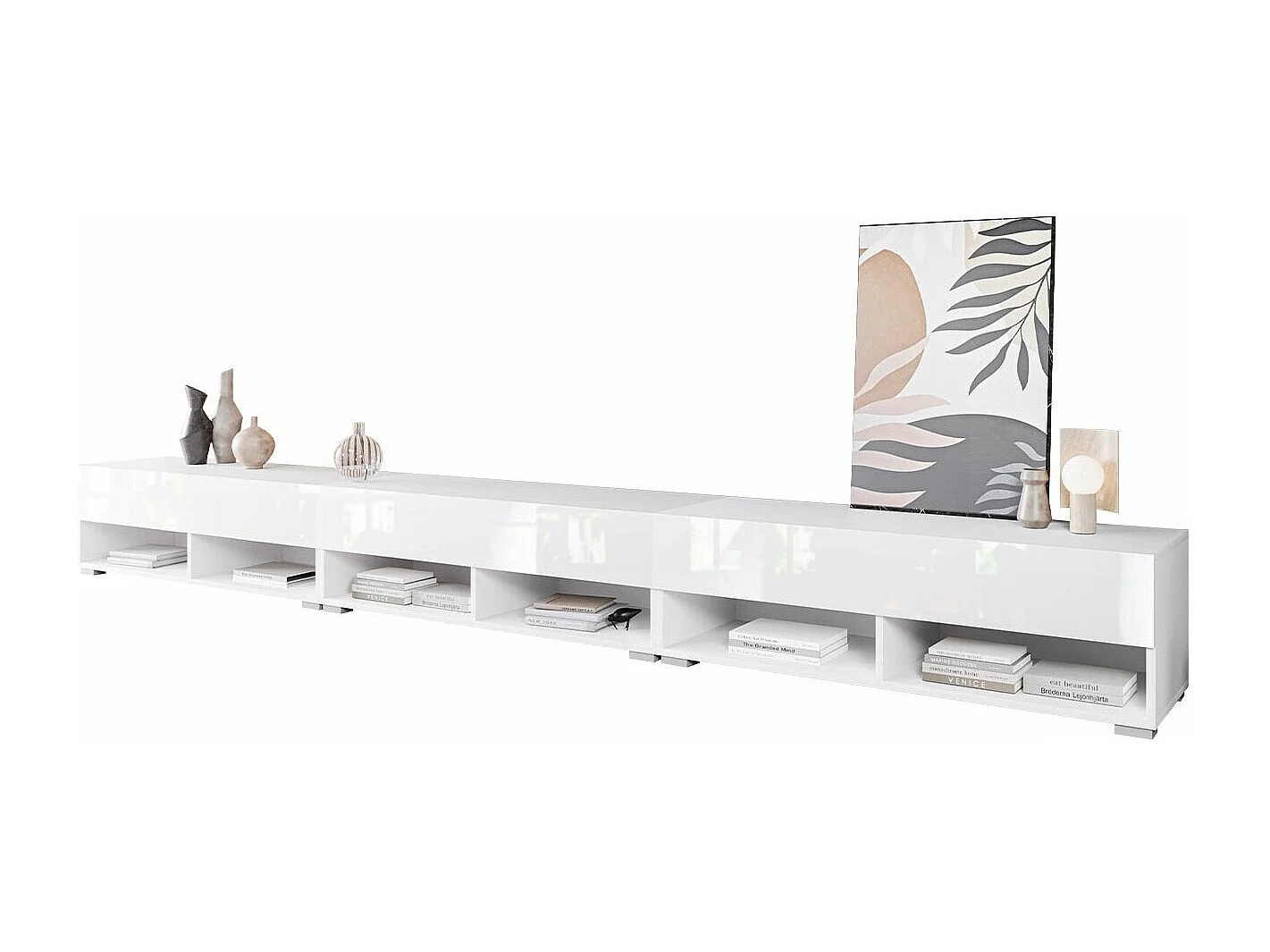 Meuble TV Sarasota 144, Blanc brillant|Blanc, Le nombre de portes: 3, 300x30x33cm