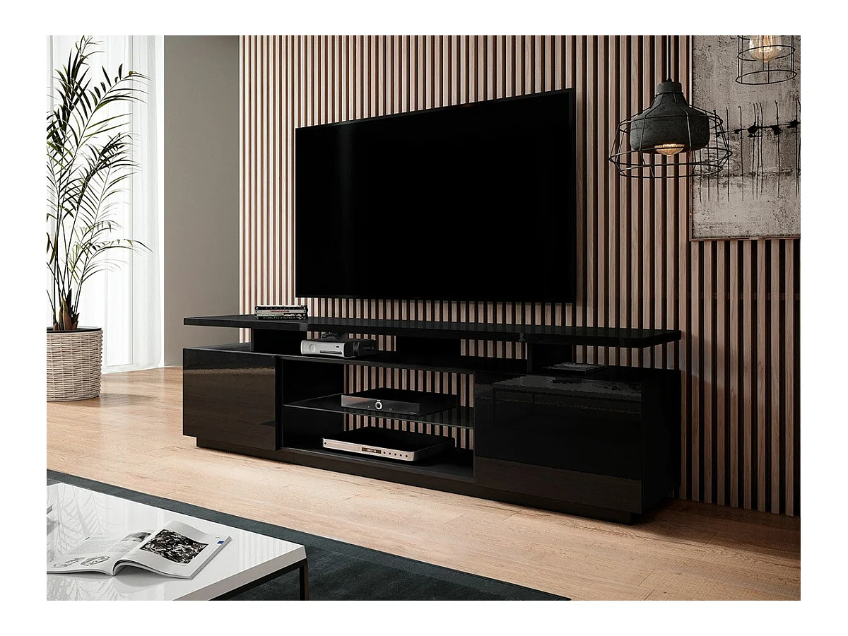 Mobile porta TV Charlotte 138, Nero|Nero lucido, Il numero di porte: 2.00, 180x56x40cm