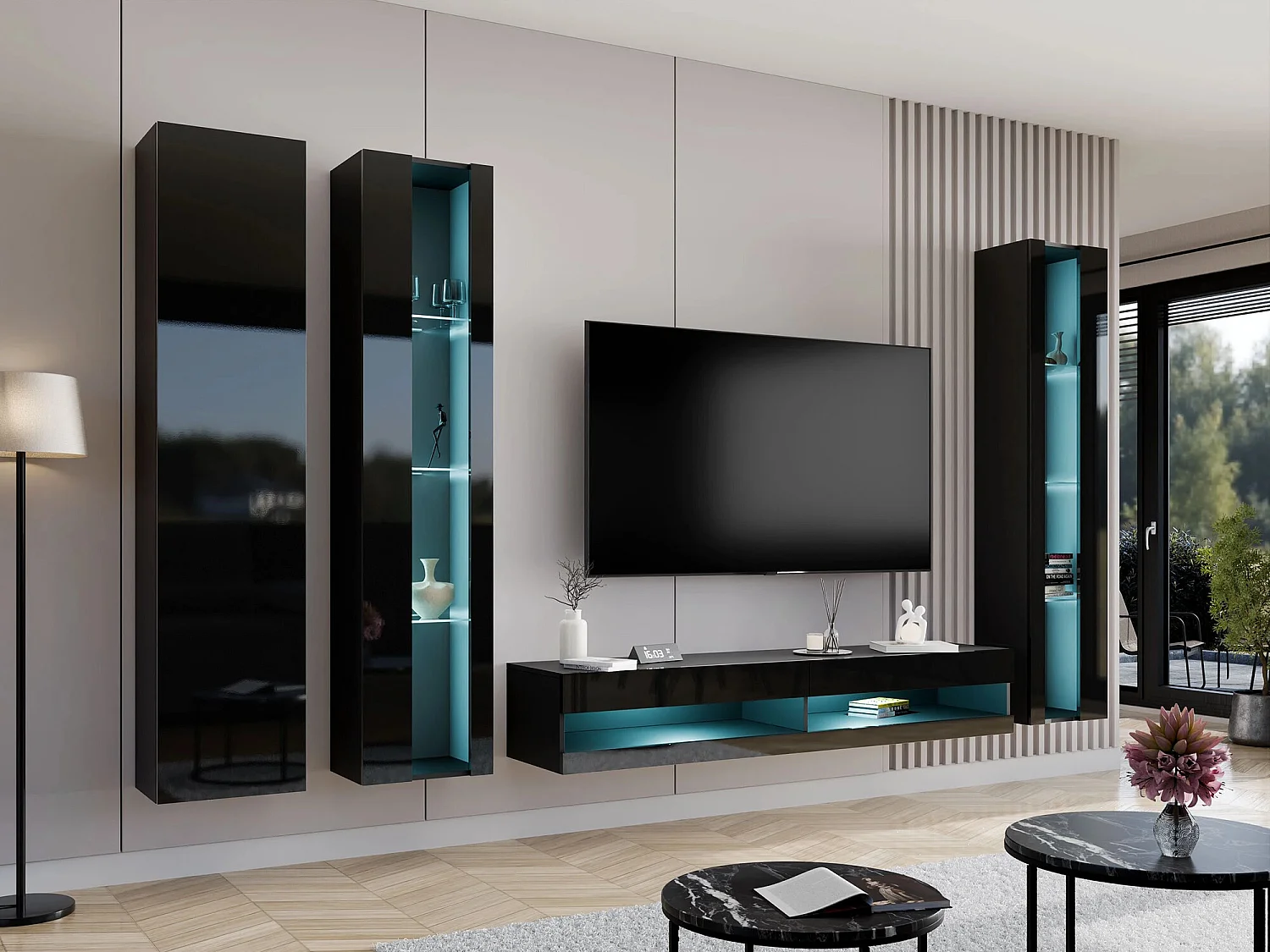 Mueble TV Charlotte A119, Negro brillante|Negro, Número de puertas: 2.00, 180x30x40cm