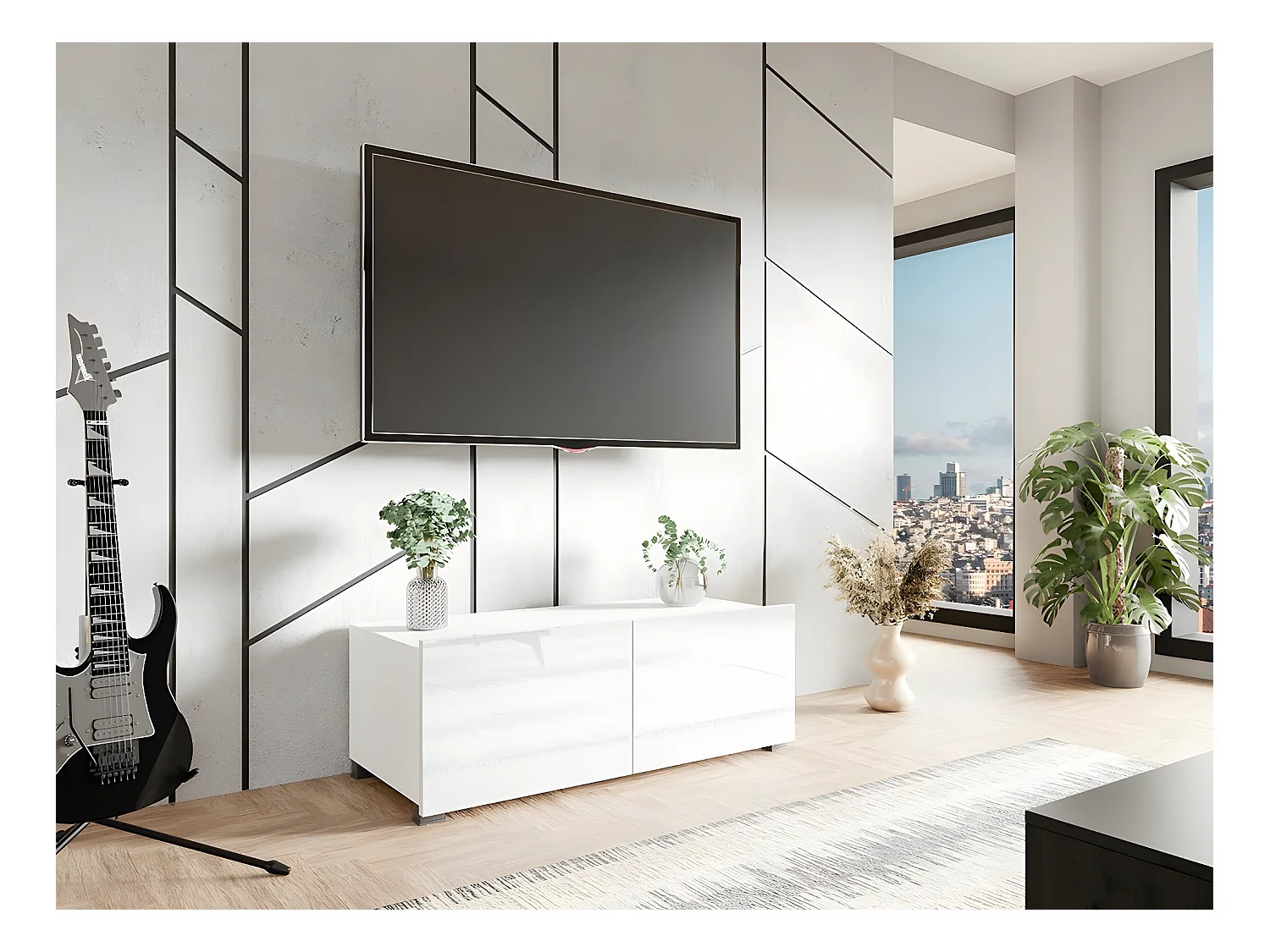 Meuble TV Tivdalu 104, Blanc brillant|Blanc, Le nombre de portes: 2, 100x37x43cm