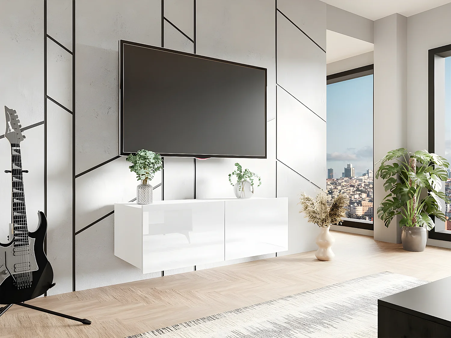 Meuble TV Tivdalu 104, Blanc brillant|Blanc, Le nombre de portes: 2, 100x37x43cm