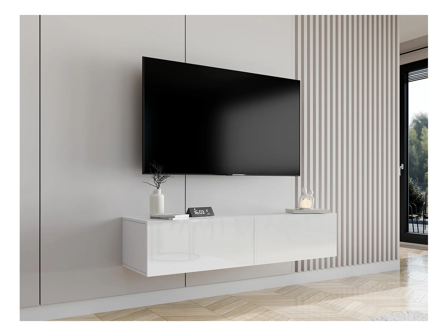 Meuble TV Venenou 125, Blanc|Blanc brillant, Le nombre de portes: 2, 140x30x40cm