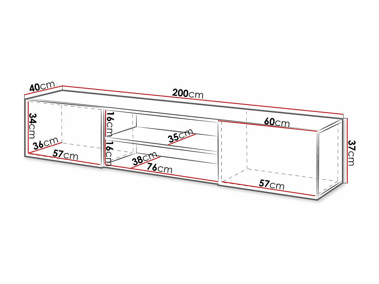 Meuble TV Charlotte 164, Blanc|Blanc brillant, Le nombre de portes: 2, 200x37x40cm