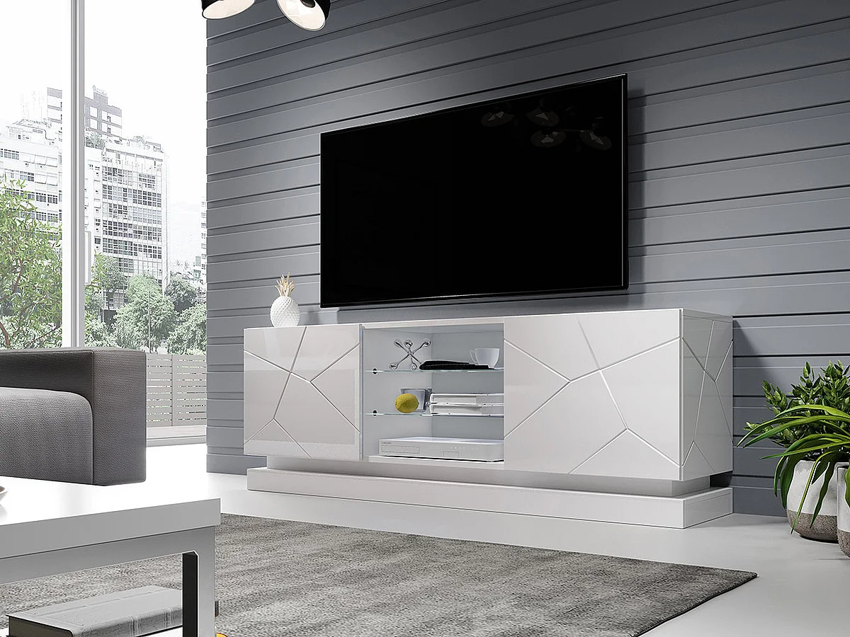 Mueble TV Charlotte 127, Blanco|Blanco brillante, Número de puertas: 2.00, 160x57x40cm