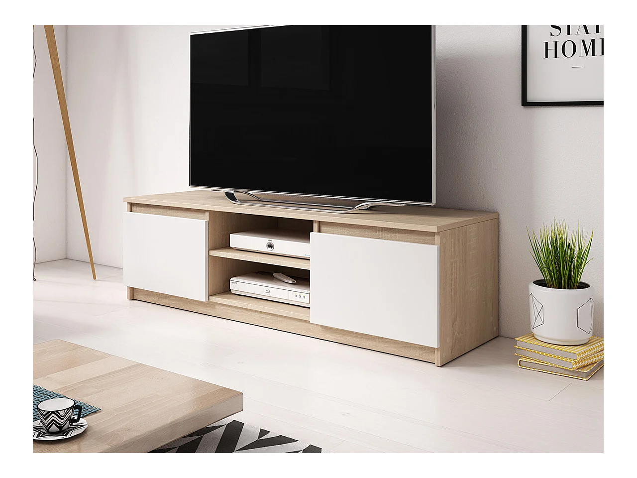Meuble TV Sarasota 139, Blanc|Sonoma chêne, Le nombre de portes: 2, 120x36x38cm