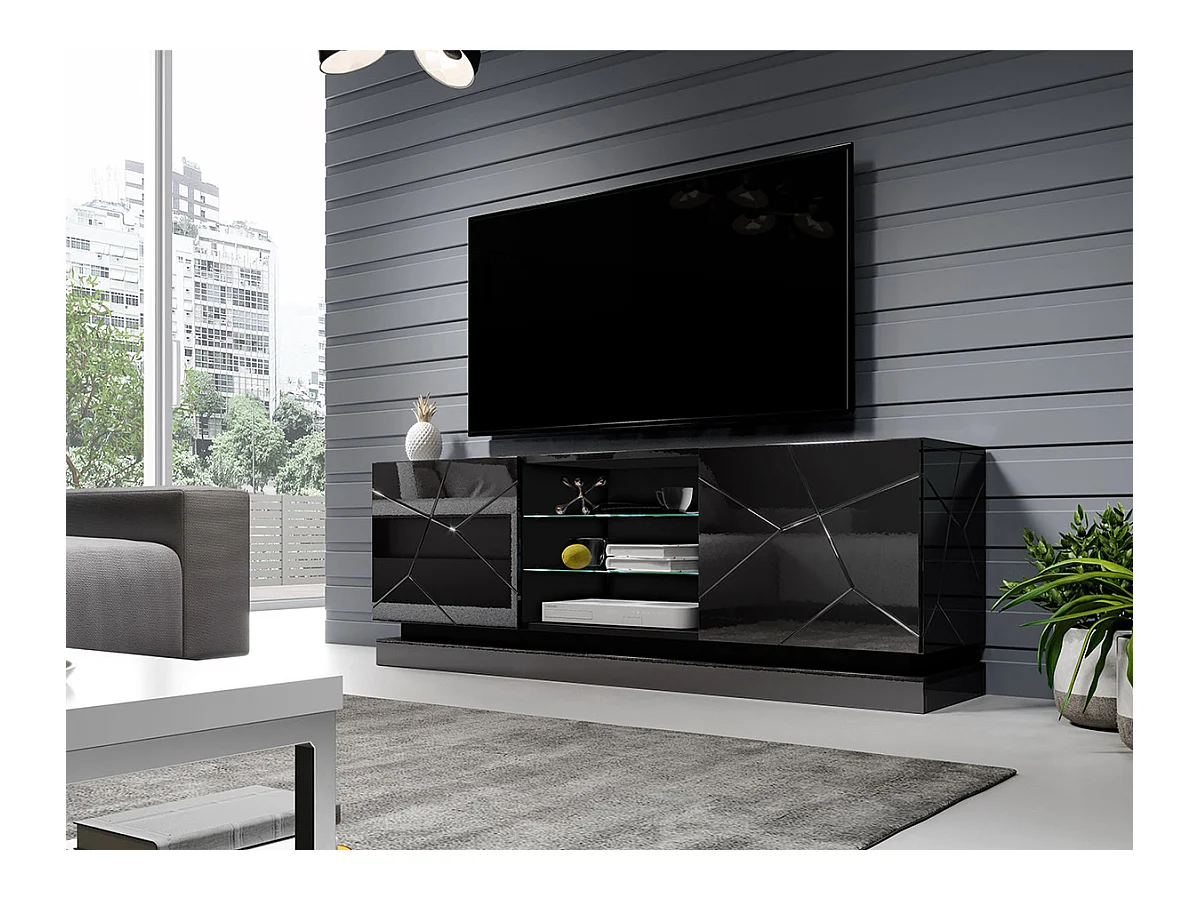 Mueble TV Charlotte 127, Negro|Negro brillante, Número de puertas: 2.00, 160x57x40cm
