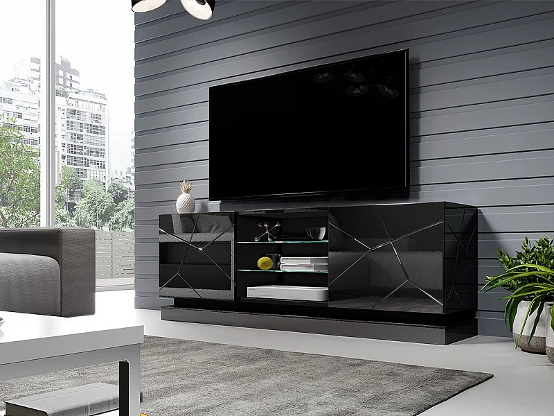 Mueble TV Charlotte 127, Negro|Negro brillante, Número de puertas: 2.00, 160x57x40cm