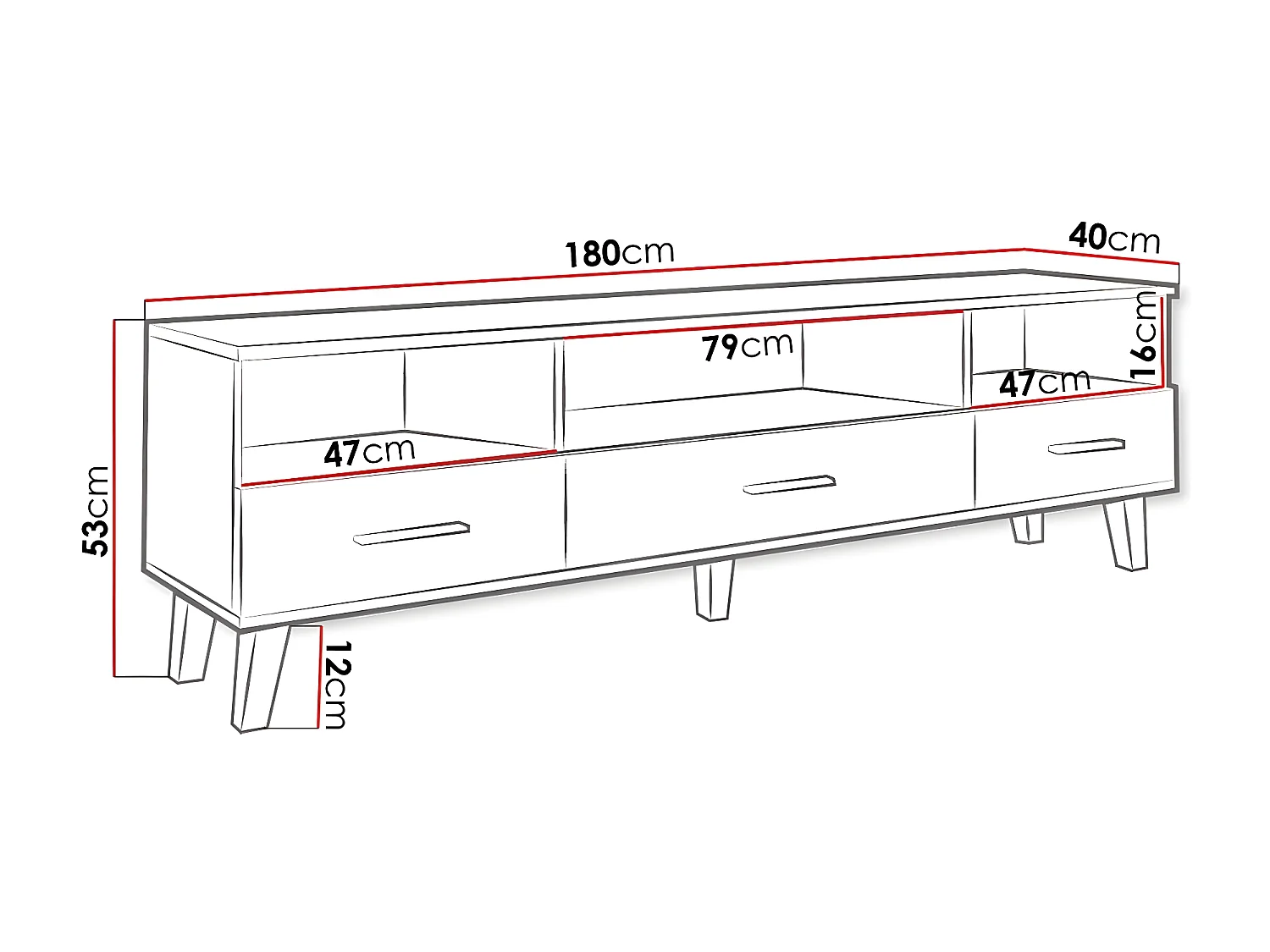 Meuble TV Larfloi 109, Chêne wotan|Noir, Nombre de tiroirs: 3, 180x53x40cm