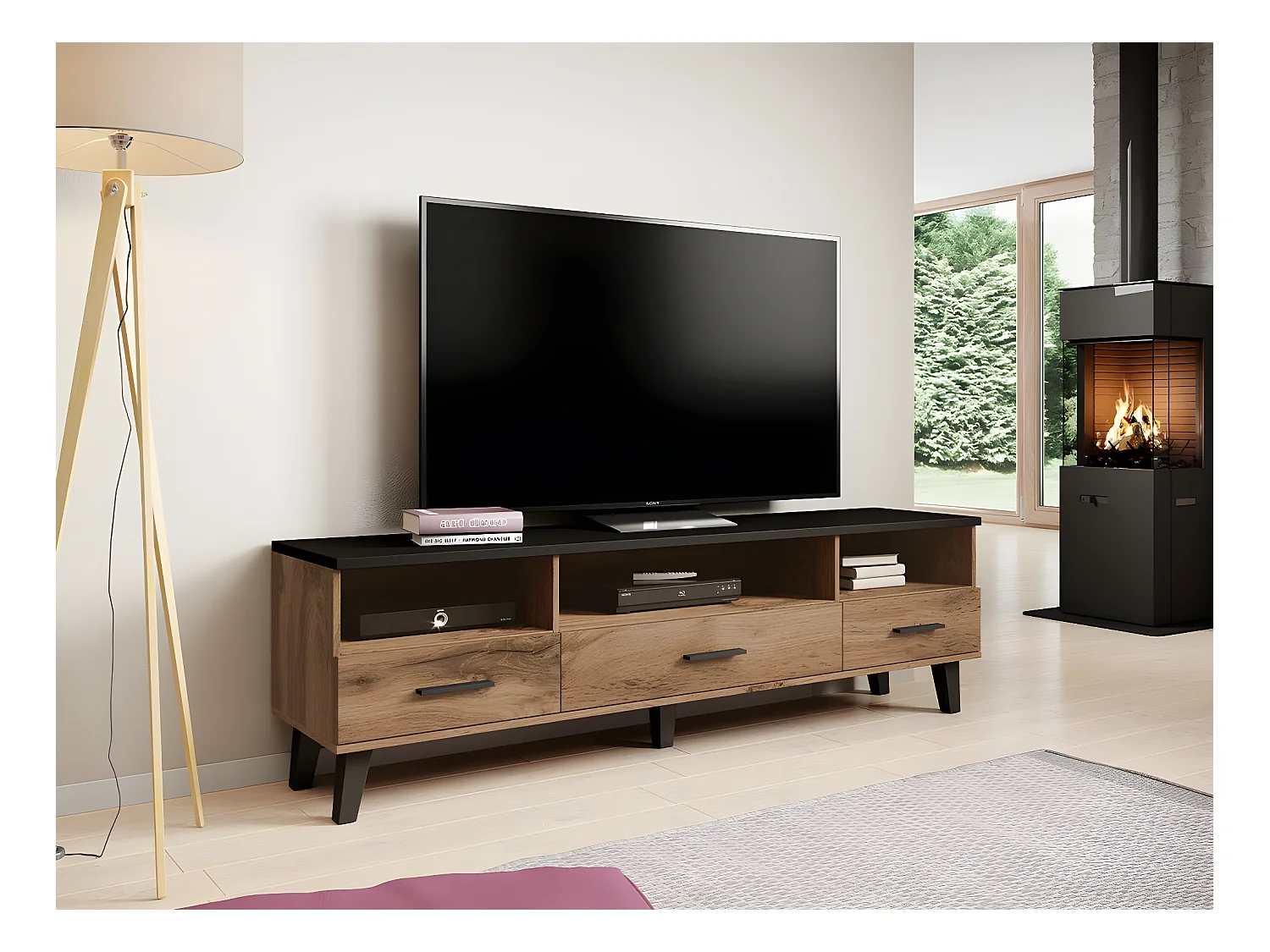 Mueble TV Charlotte G109, Wotan roble|Negro, Número de cajones: 3.00, 180x53x40cm