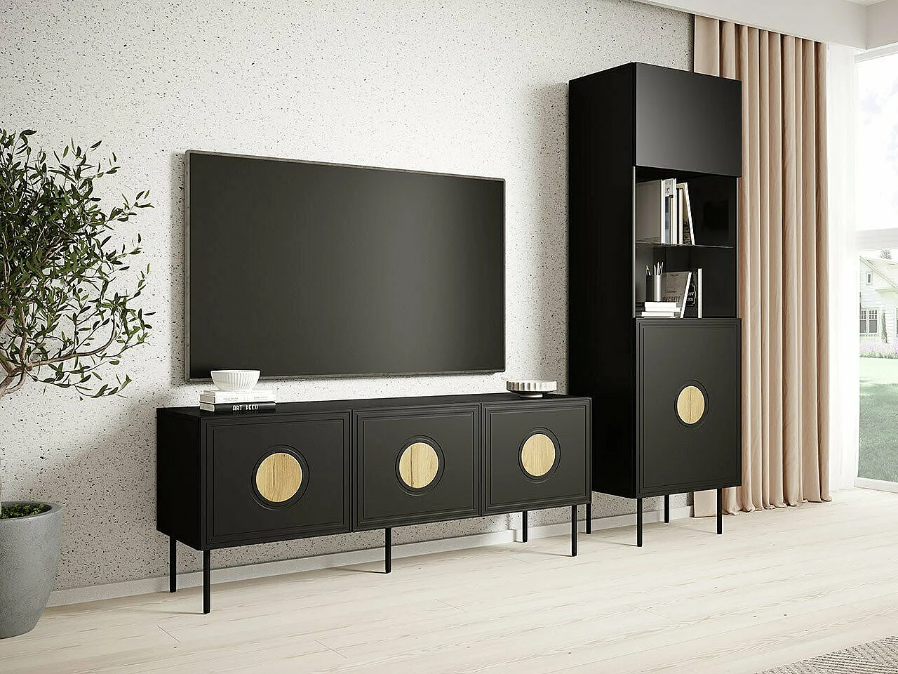 Mueble TV Charlotte N114, Craft roble|Negro, 151x61x40cm