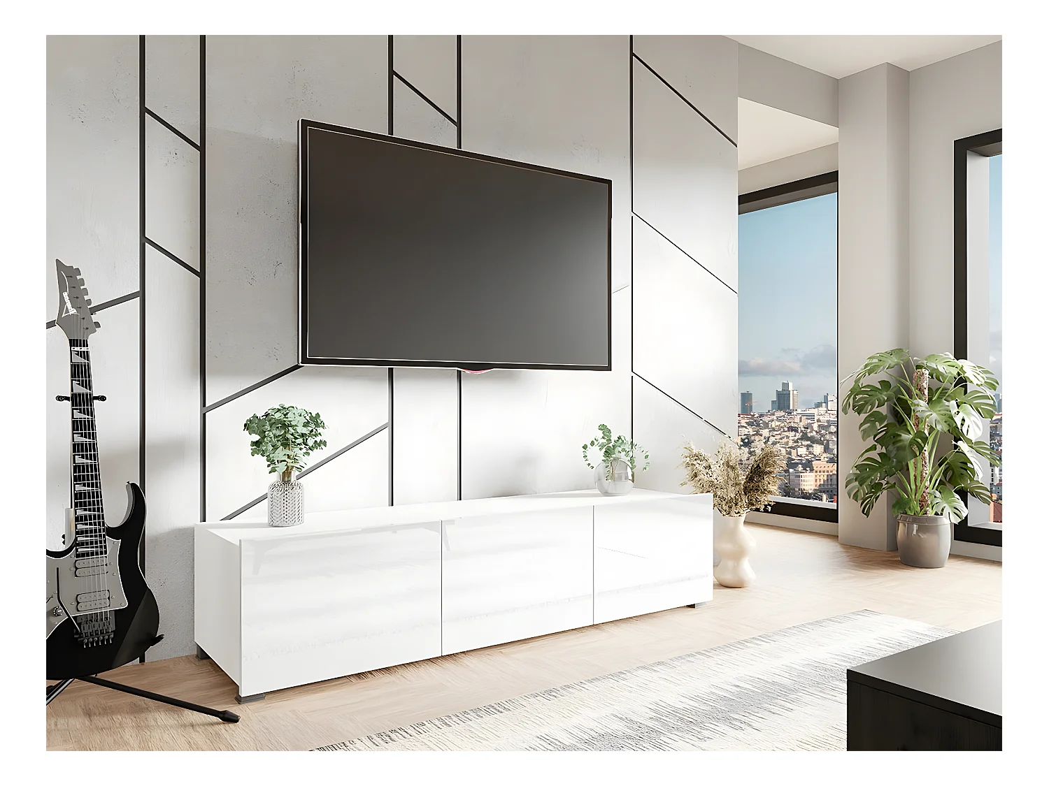 Meuble TV Tivdalu 103, Blanc|Blanc brillant, Le nombre de portes: 3, 150x37x43cm