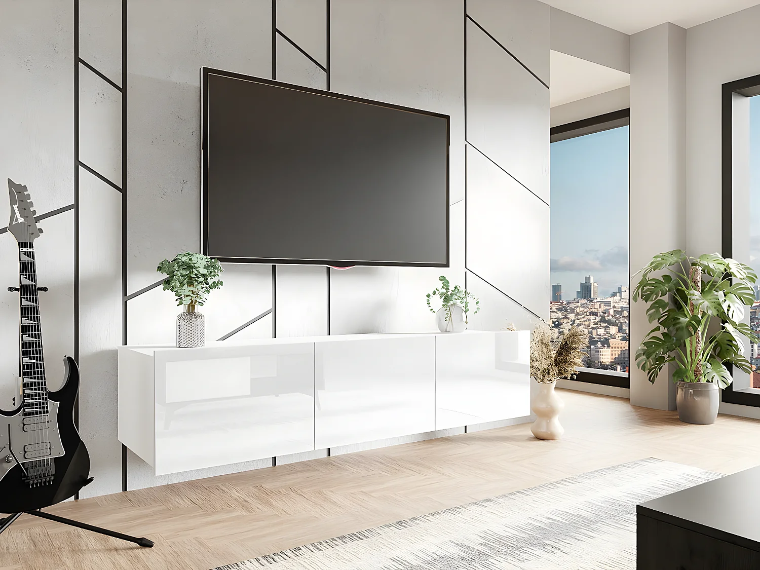 Meuble TV Tivdalu 103, Blanc brillant|Blanc, Le nombre de portes: 3, 150x37x43cm