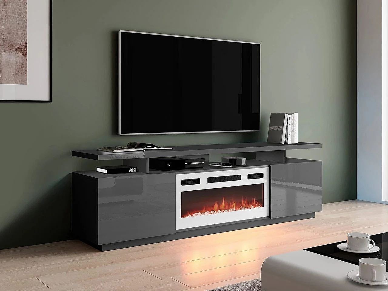Meuble TV Charlotte 151, Graphite brillant|Graphite|Blanc, Le nombre de portes: 2, 180cm