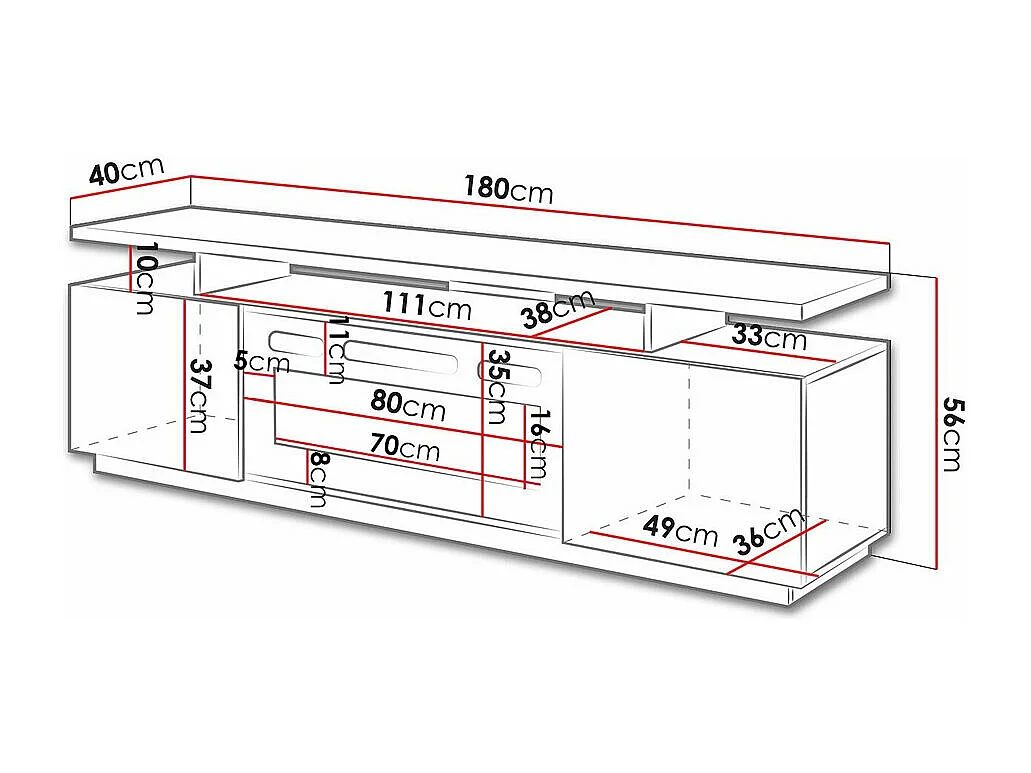 Meuble TV Charlotte 151, Graphite brillant|Graphite|Blanc, Le nombre de portes: 2, 180cm