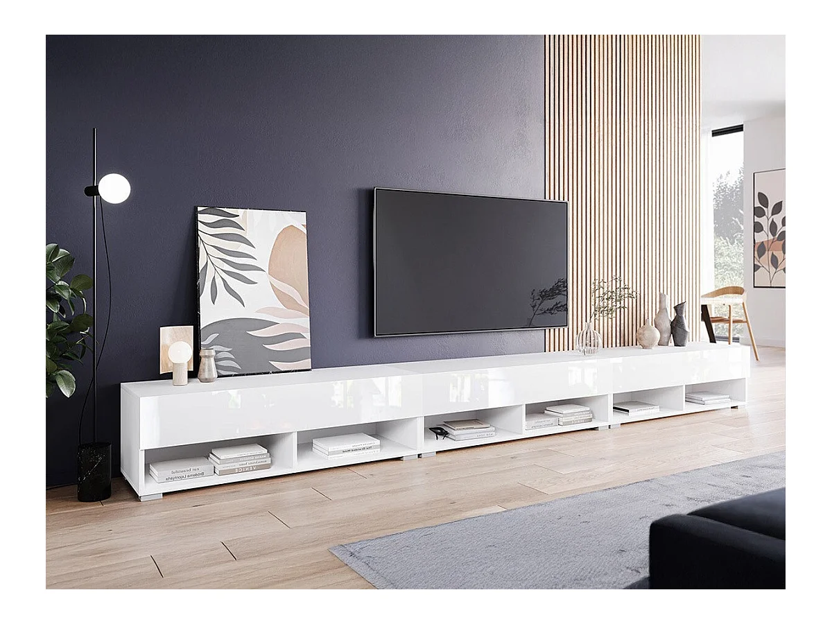 Meuble TV Sarasota 144, Blanc brillant|Blanc, Le nombre de portes: 3, 300x30x33cm