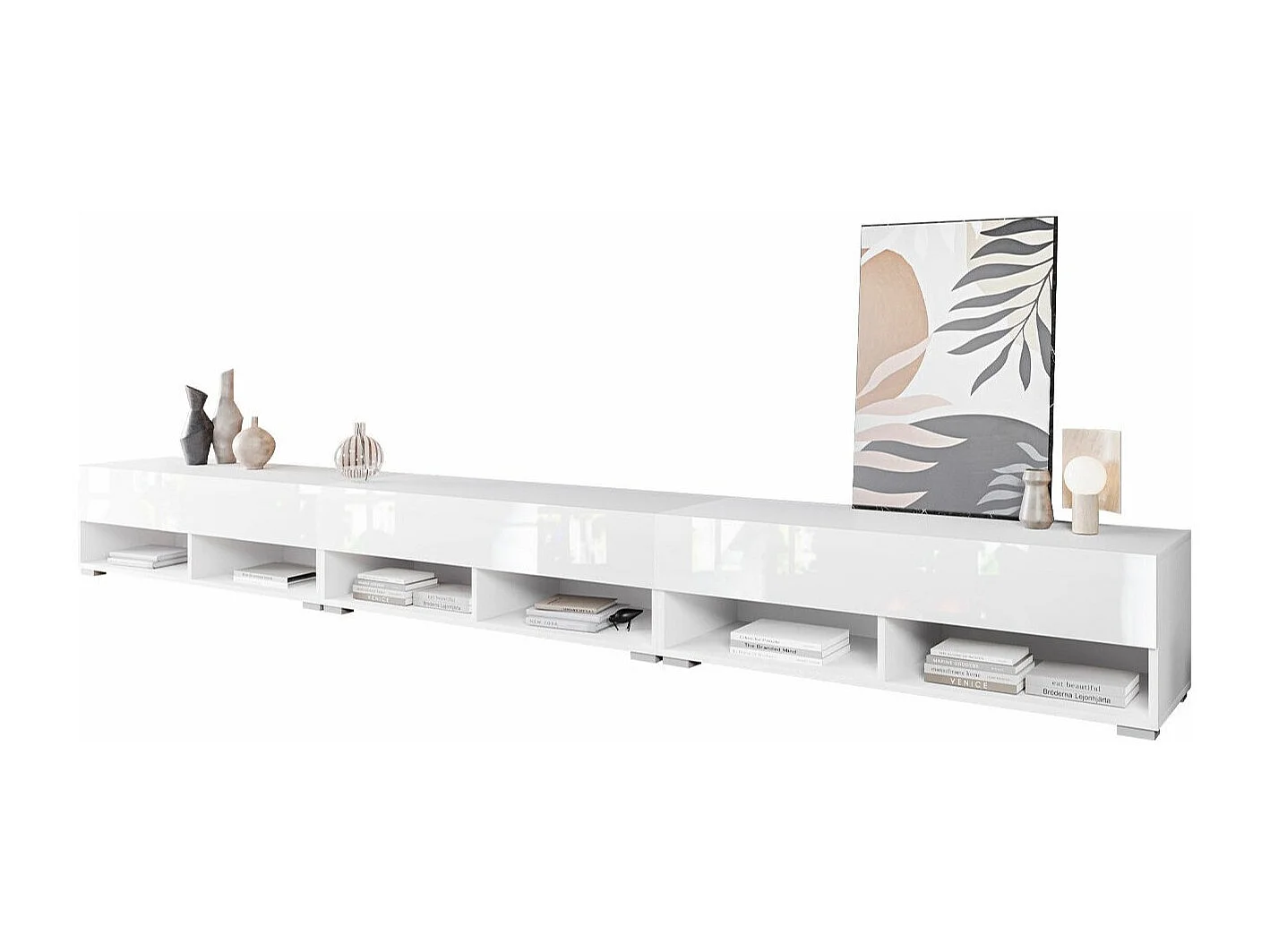 Meuble TV Sarasota 144, Blanc|Blanc brillant, Le nombre de portes: 3, 300x30x33cm