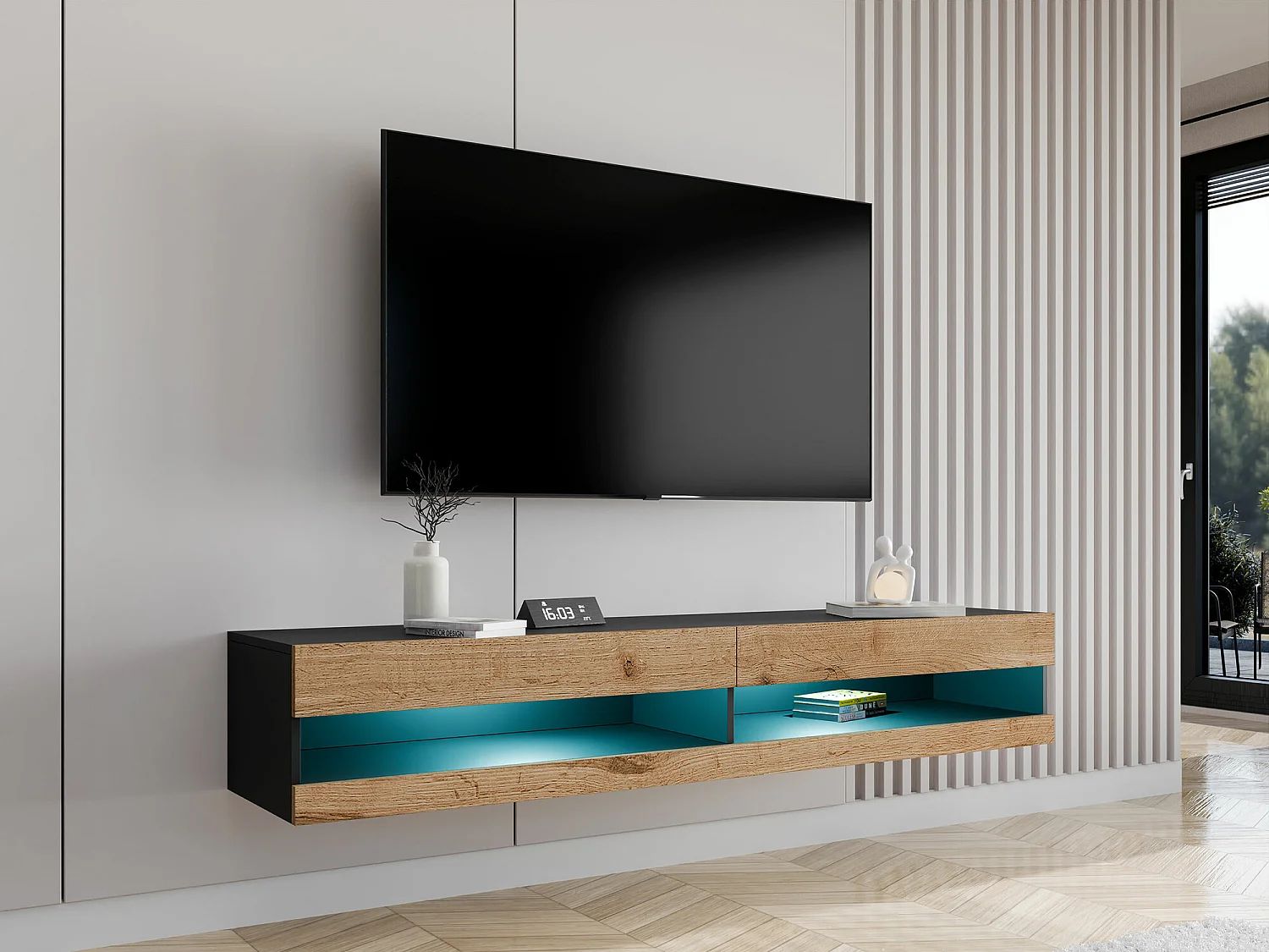 Meuble TV Venenou 120, Noir|Chêne wotan, Le nombre de portes: 2, 180x30x40cm