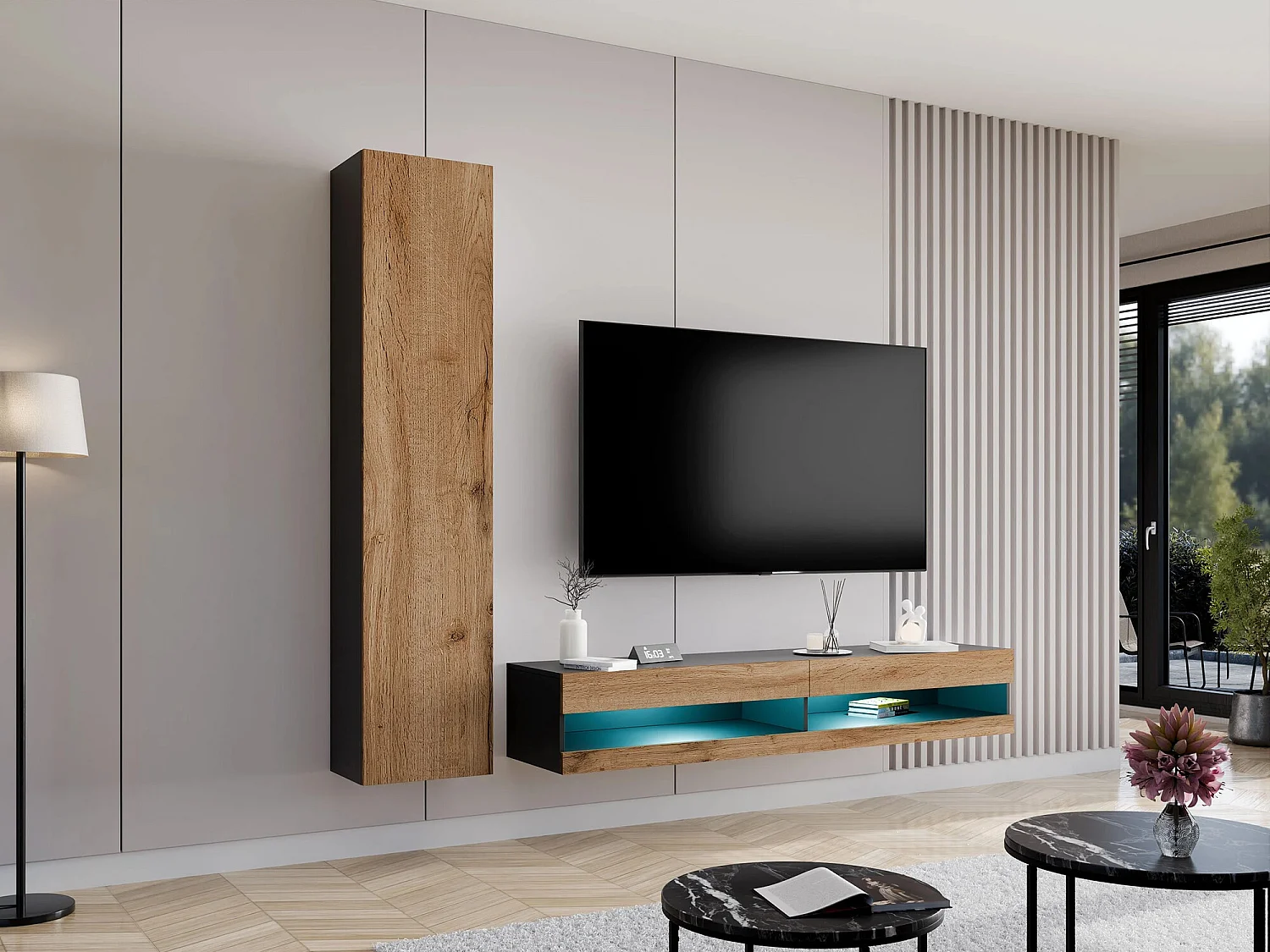 Meuble TV Venenou 120, Noir|Chêne wotan, Le nombre de portes: 2, 180x30x40cm