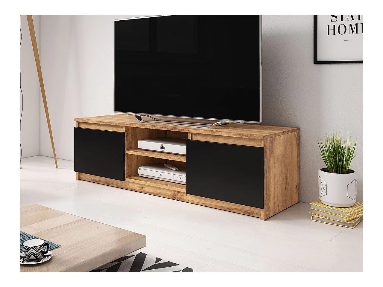 Meuble TV Sarasota 139, Chêne wotan|Graphite, Le nombre de portes: 2, 120x36x38cm