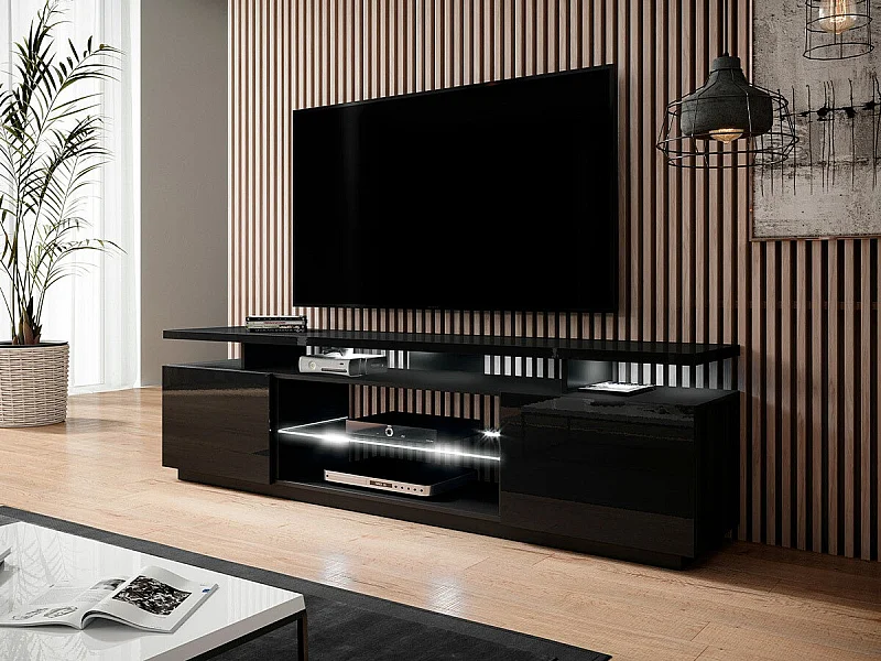 Mueble TV Charlotte 138, Negro brillante|Negro, Número de puertas: 2.00, 180x56x40cm
