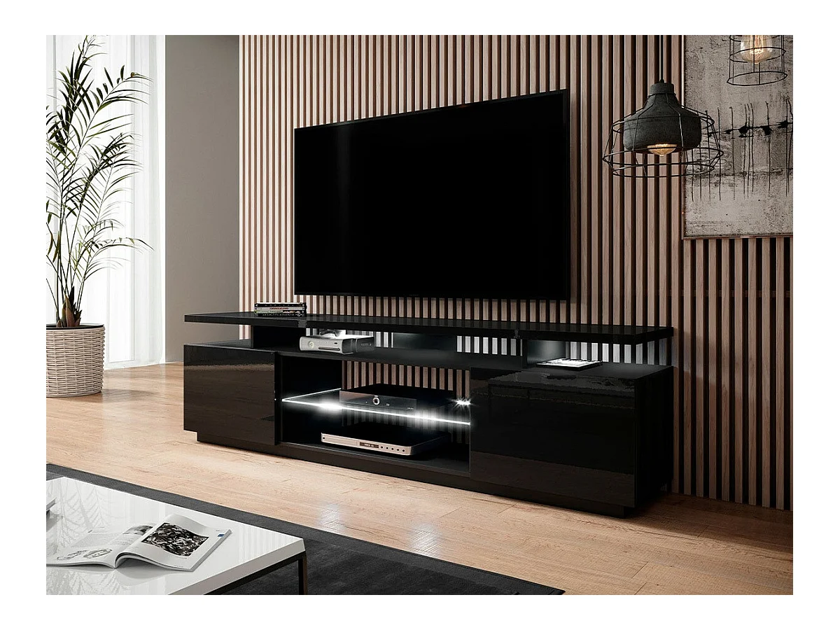 Meuble TV Charlotte 138, Noir|Noir brillant, Le nombre de portes: 2, 180x56x40cm