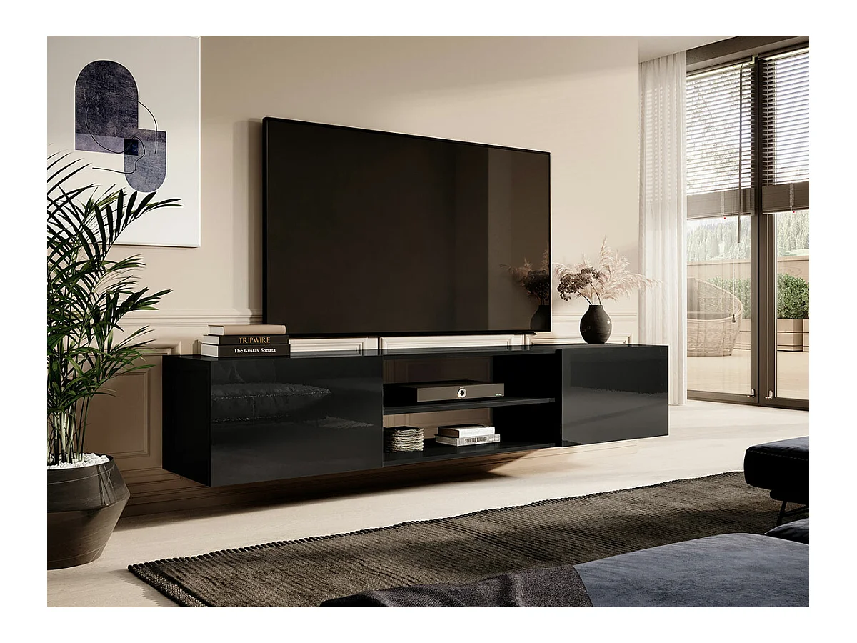 Mobile porta TV Charlotte 164, Nero lucido|Nero, Il numero di porte: 2.00, 200x37x40cm