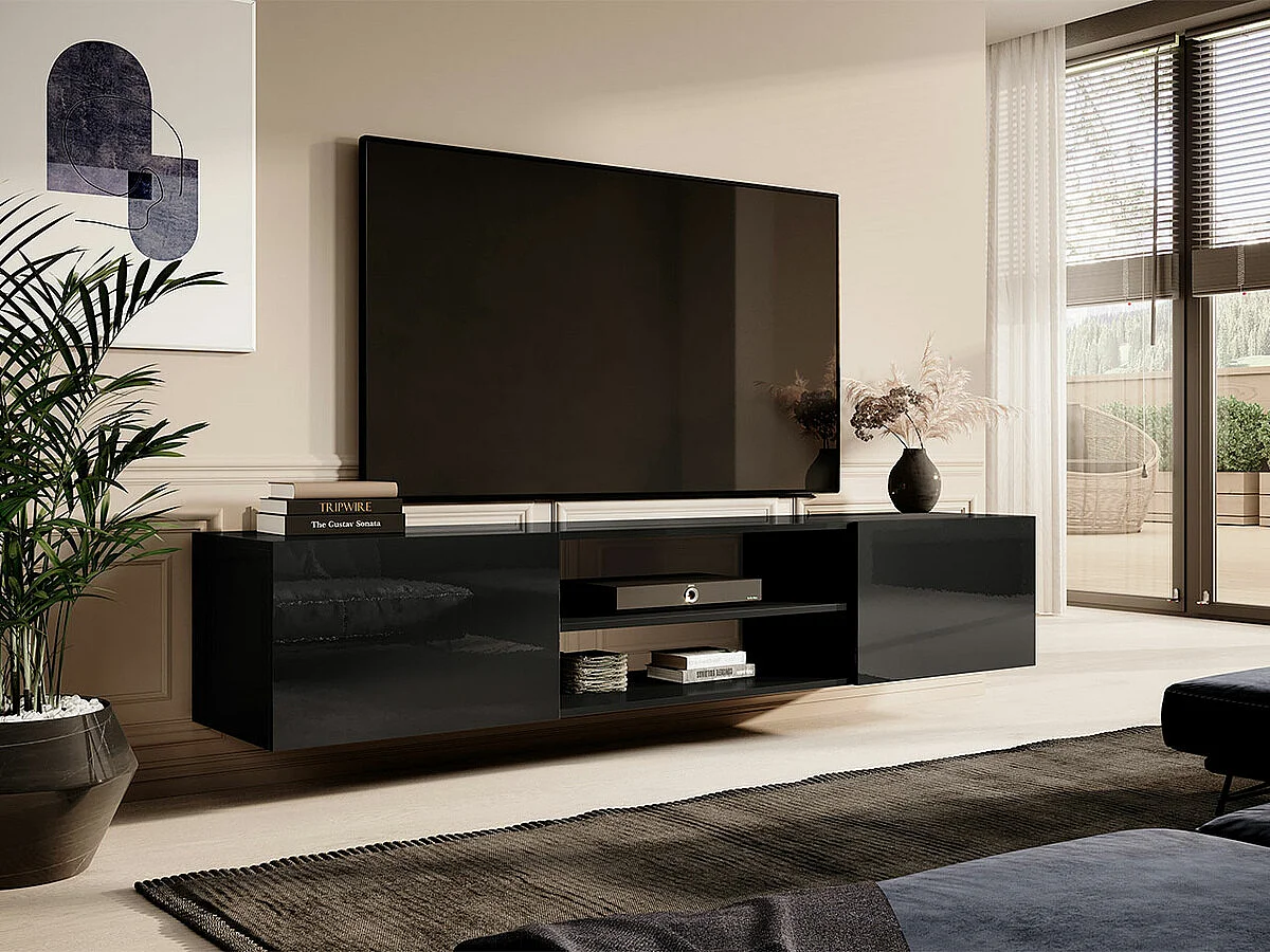Mueble TV Charlotte 164, Negro brillante|Negro, Número de puertas: 2.00, 200x37x40cm