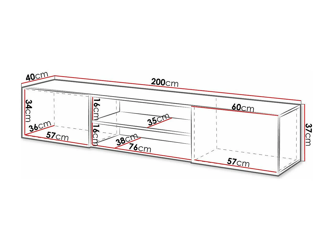 Mueble TV Charlotte 164, Negro brillante|Negro, Número de puertas: 2.00, 200x37x40cm