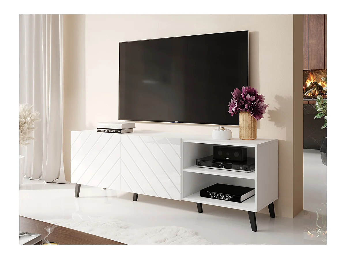 Meuble TV Charlotte 144, Blanc brillant|Blanc, Le nombre de portes: 2, 150x52x42cm