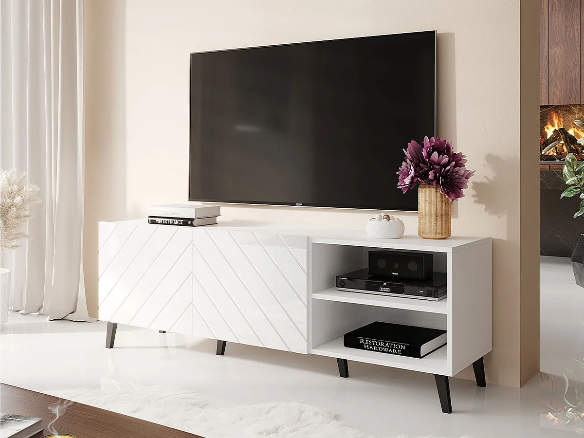Mueble TV Charlotte 144, Blanco brillante|Blanco, Número de puertas: 2.00, 150x52x42cm