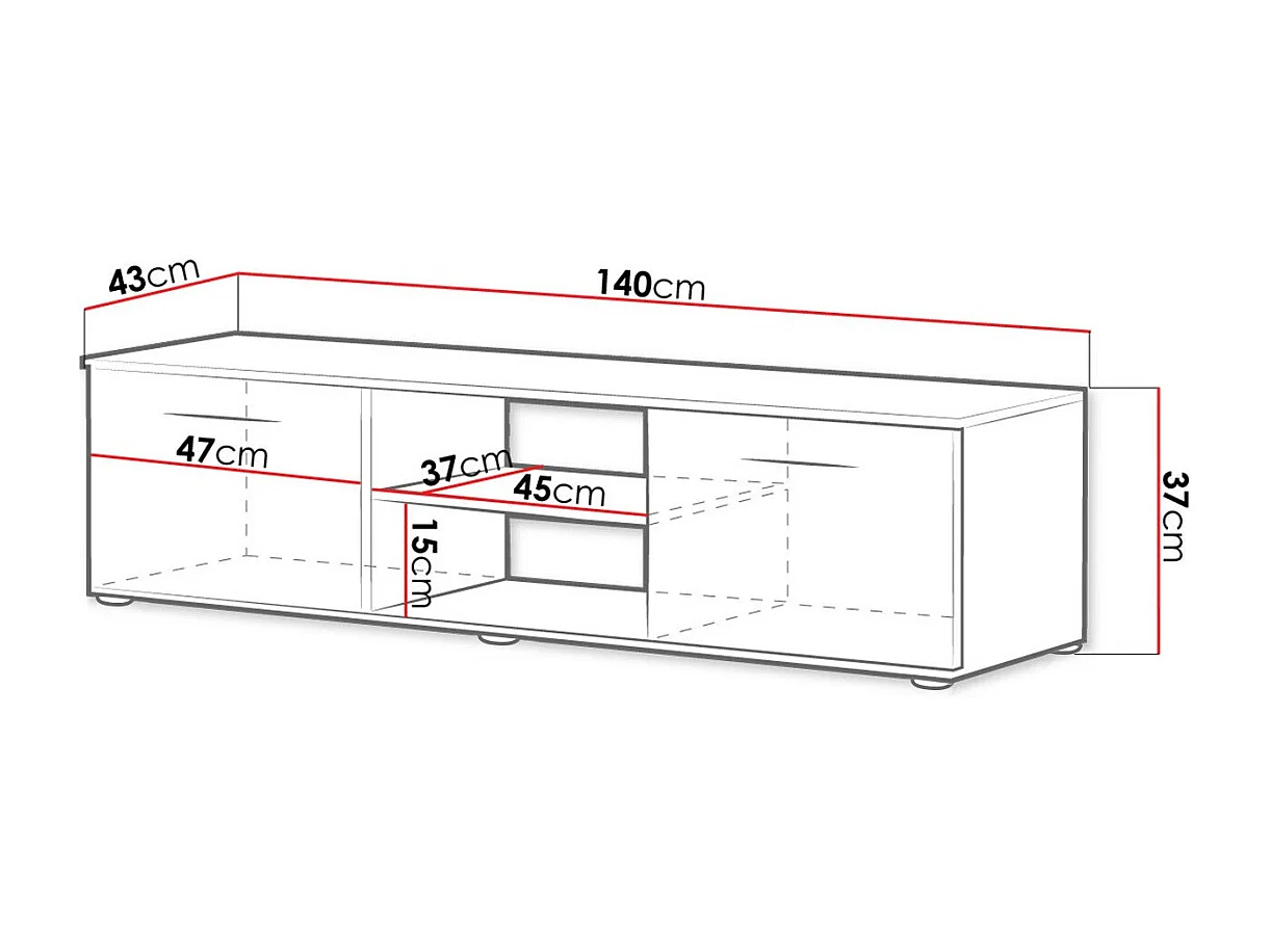 Meuble TV Tornola 100, Noir brillant|Noir, Le nombre de portes: 2, 140x37x43cm