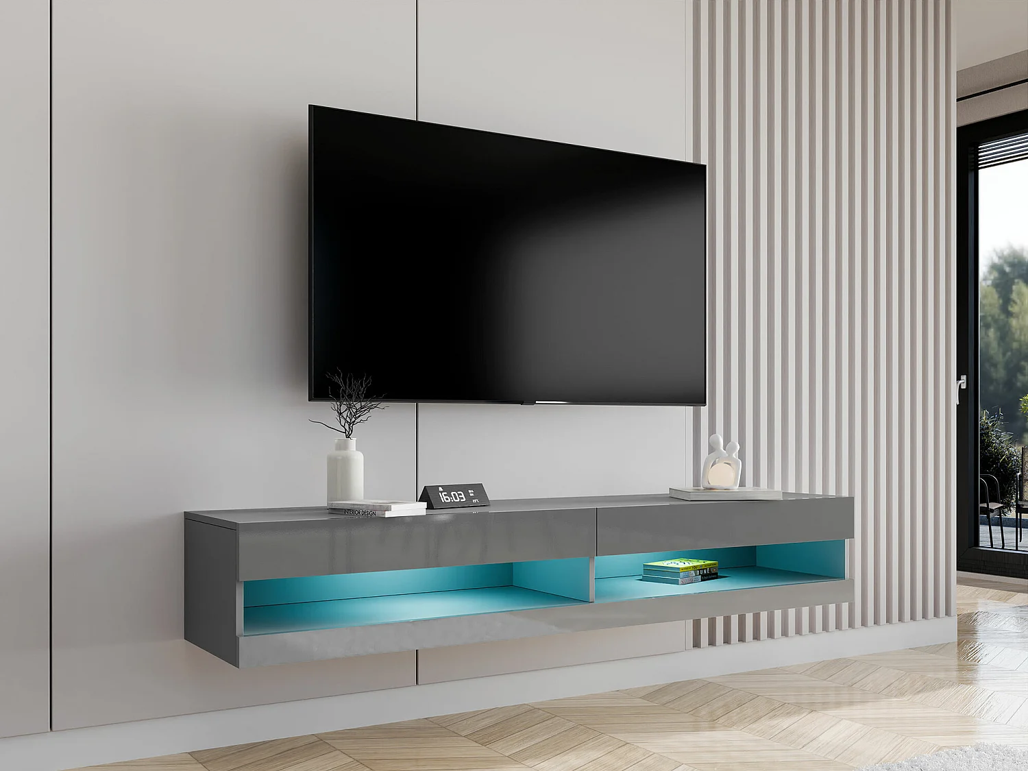Mueble TV Charlotte A119, Gris brillante|Gris, Número de puertas: 2.00, 180x30x40cm