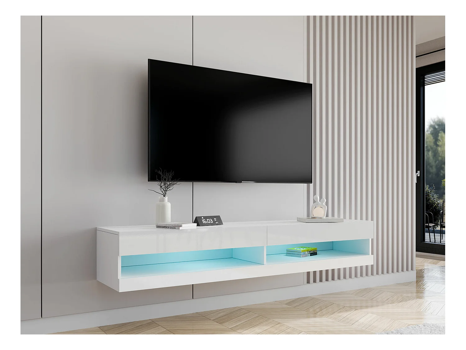 Meuble TV Venenou 120, Blanc|Blanc brillant, Le nombre de portes: 2, 180x30x40cm