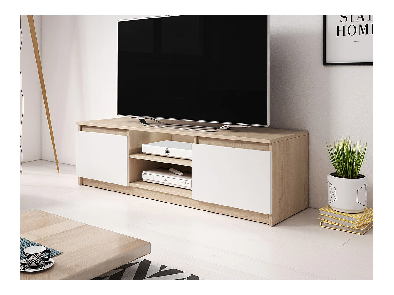 Meuble TV Sarasota 139, Blanc|Sonoma chêne, Le nombre de portes: 2, 120x36x38cm