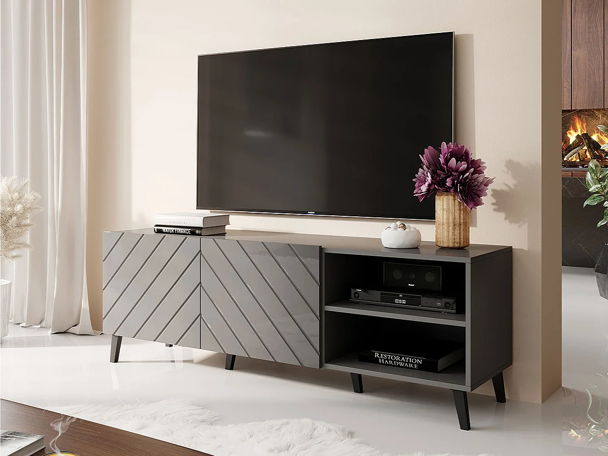 Mueble TV Charlotte 144, Grafito brillante|Grafito, Número de puertas: 2.00, 150x52x42cm