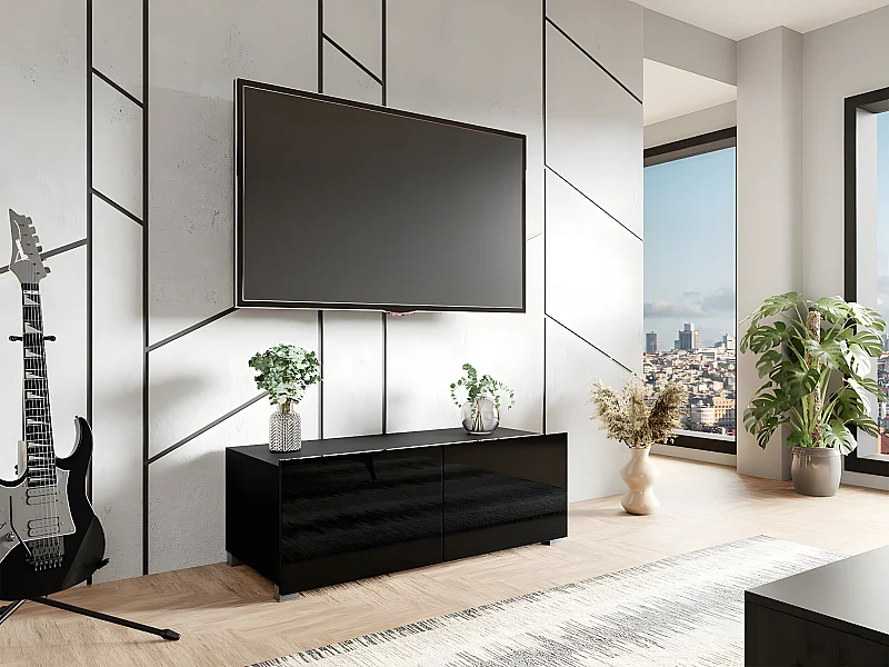 Meuble TV Tivdalu 104, Noir brillant|Noir, Le nombre de portes: 2, 100x37x43cm