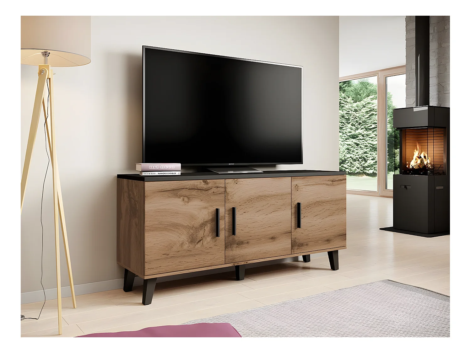 Mobile porta TV Larfloi 106, Nero|Quercia di Wotan, Il numero di porte: 3.00, 150x69x45cm