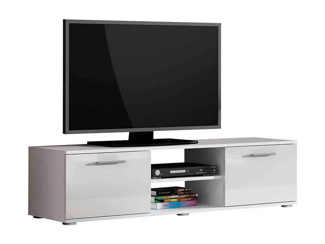 Meuble TV Tornola 100, Blanc brillant|Blanc, Le nombre de portes: 2, 140x37x43cm
