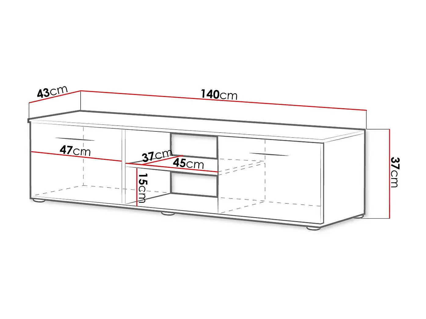 Meuble TV Tornola 100, Blanc brillant|Blanc, Le nombre de portes: 2, 140x37x43cm