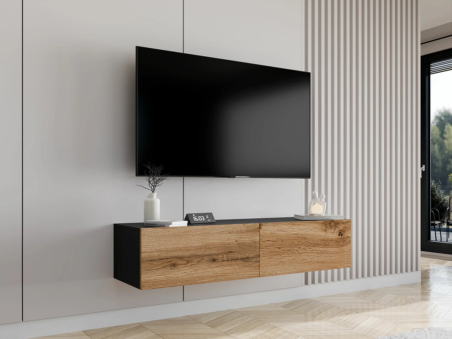 Mueble TV Charlotte A124, Wotan roble|Negro, Número de puertas: 2.00, 140x30x40cm