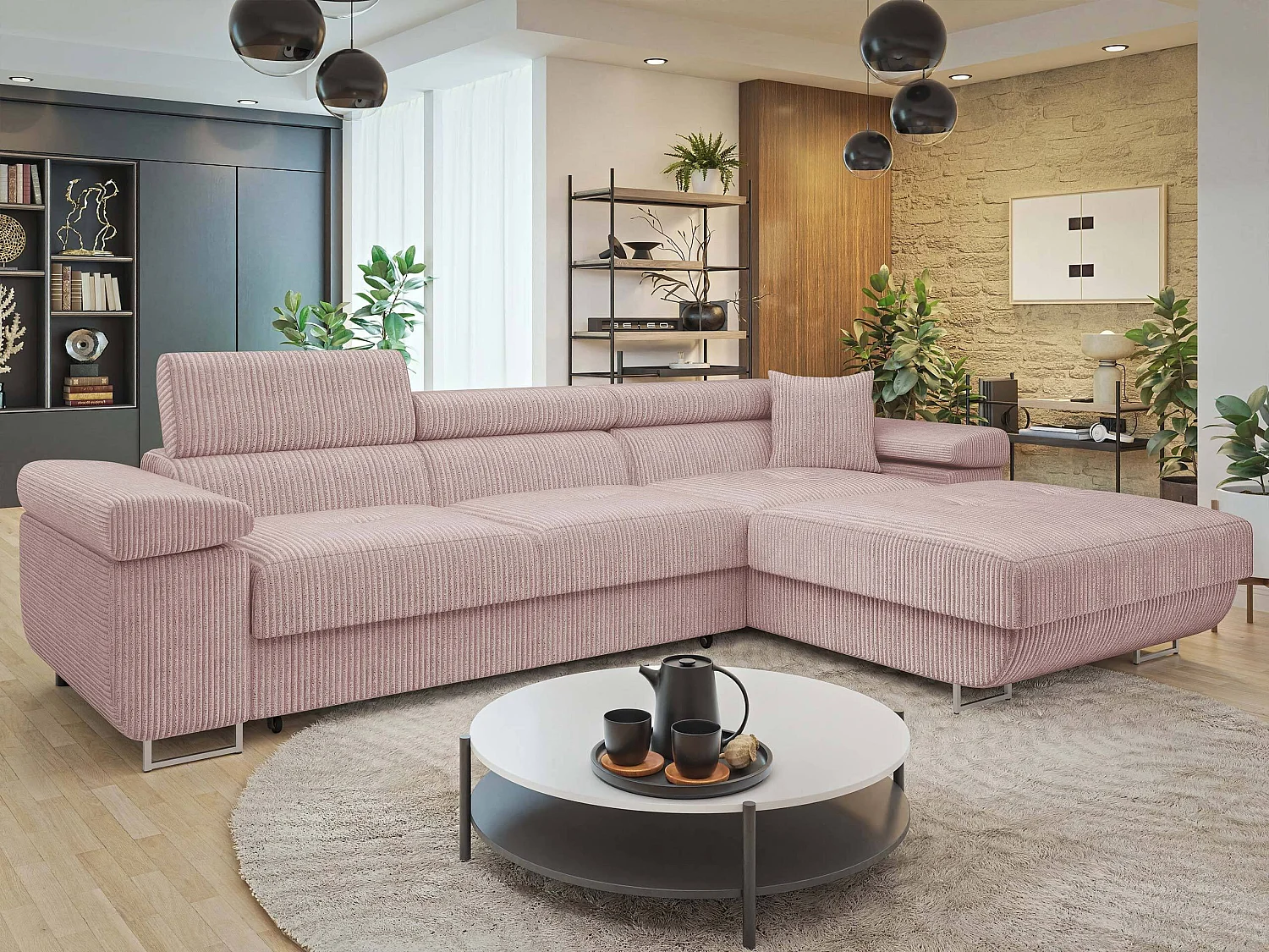 Sofá rinconero Comfivo Vinetum II, Rosa, Función de descanso, Almacenaje, 280x170x70cm