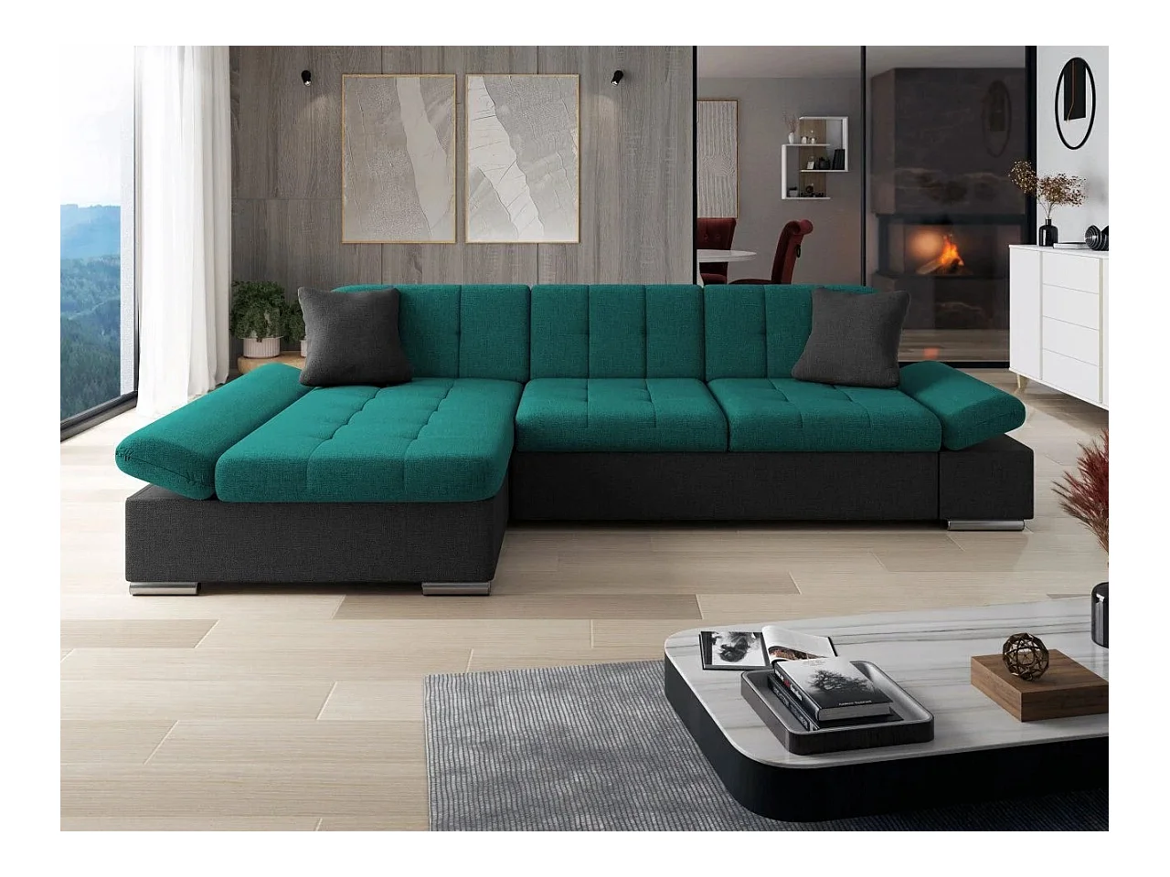 Canapé d'angle Comfivo 152, Vert, Fonction de couchage, Boîte de literie, 278x161x76cm