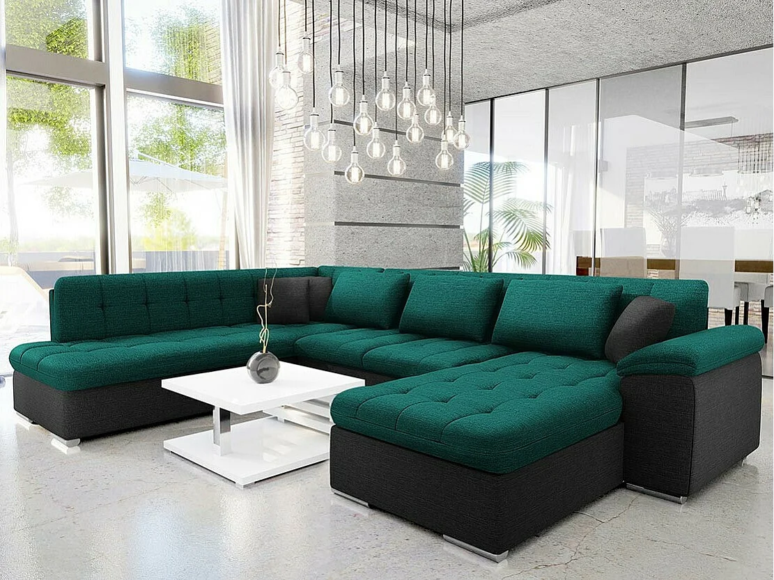 Canapé d'angle Comfivo 128, Vert, Fonction de couchage, 348x205x76cm