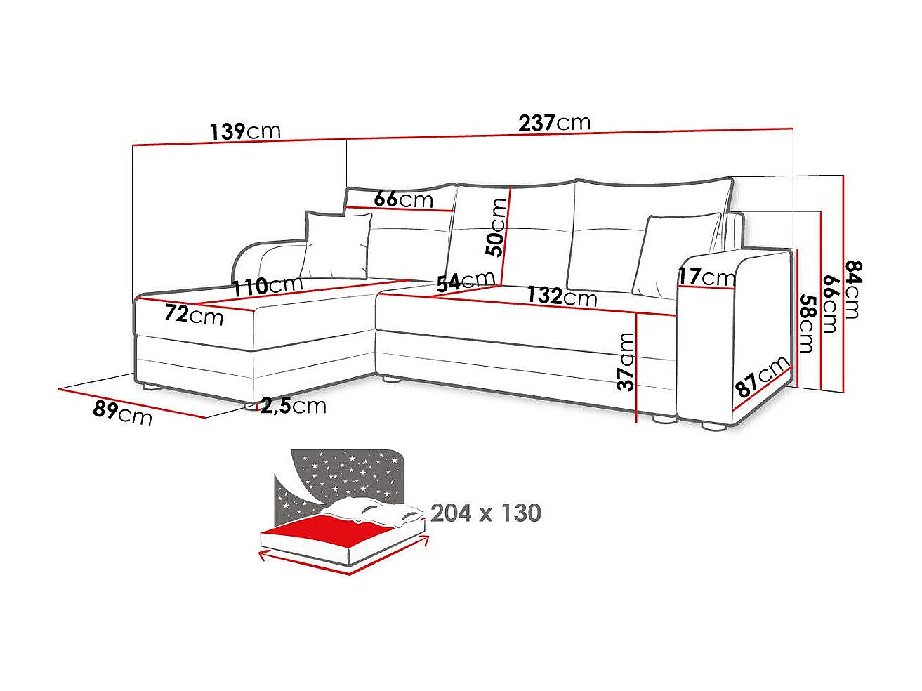 Sofá rinconero Memphis 112, Negro, Función de descanso, Almacenaje, 237x139x84cm