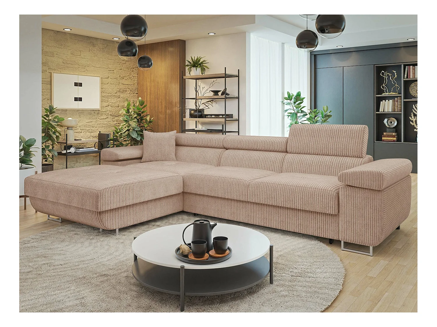 Sofá rinconero Comfivo Eliferu 102, De color marrón claro, Función de descanso, 280x170cm
