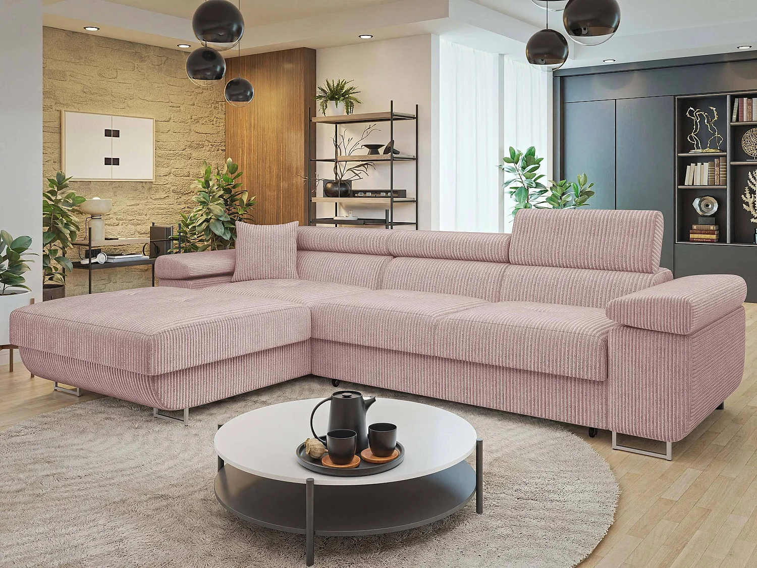 Sofá rinconero Comfivo Vinetum II, Rosa, Función de descanso, Almacenaje, 280x170x70cm